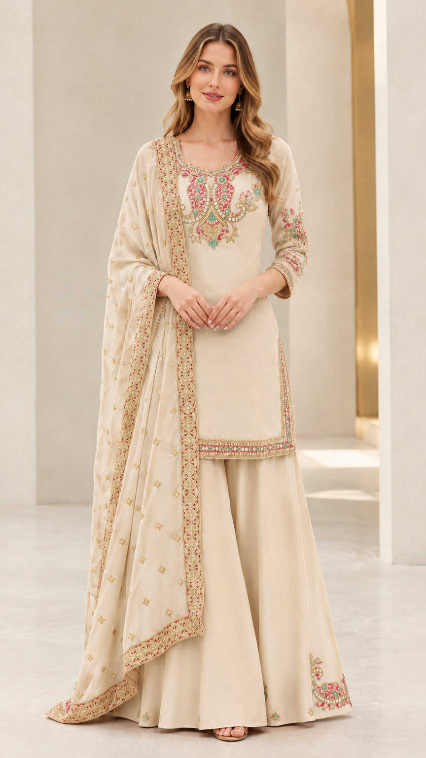 Front view of cream embroidered sharara suit set with dupatta