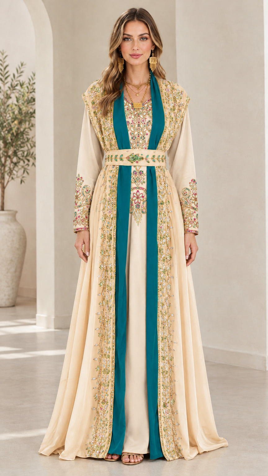 Full-length front view of cream beige Moroccan caftan maxi dress with teal panels and gold trim