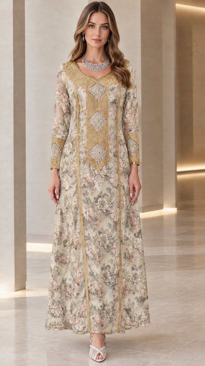 Front view of champagne cream floral long sleeve maxi dress with gold embroidery