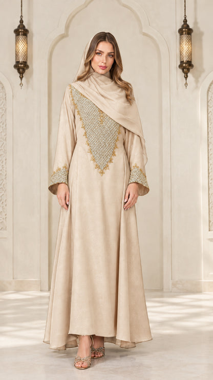 Champagne beige elegant embroidered maxi abaya dress with scarf