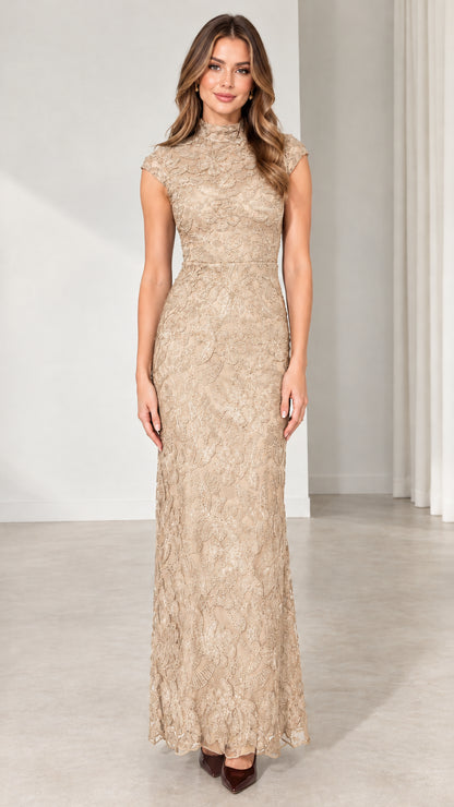 Front view of model wearing Champagne floral lace evening maxi gown