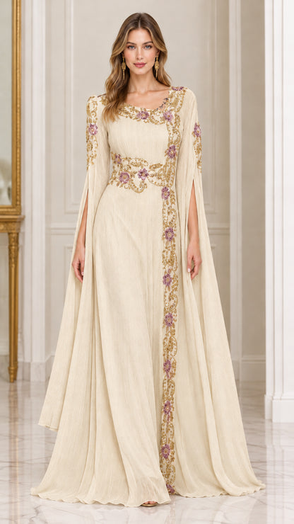 Front view of champagne cream embroidered split sleeve maxi dress