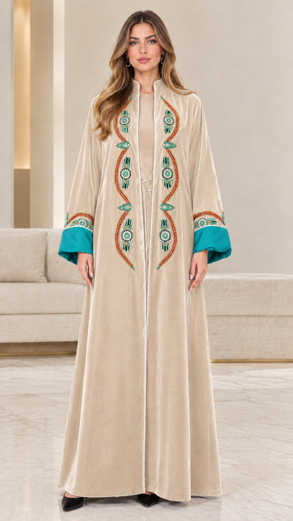 Beige champagne velvet embroidered open-front abaya with contrast cuffs