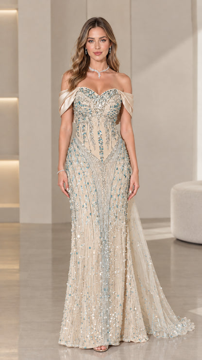 Full-length view of champagne gold off-the-shoulder beaded evening gown
