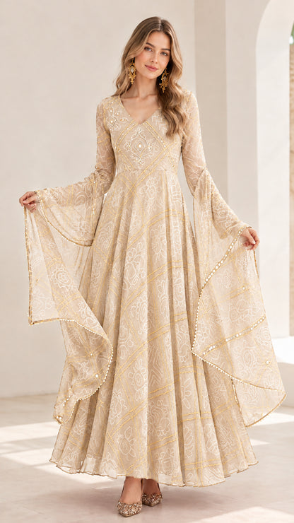 Model wearing champagne beige printed flared bell sleeve maxi dress