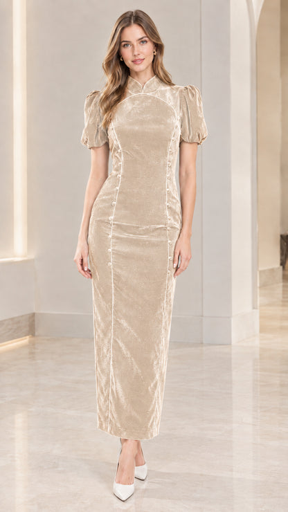 Full-length front view of model in Champagne Mandarin Collar Velvet Maxi Dress