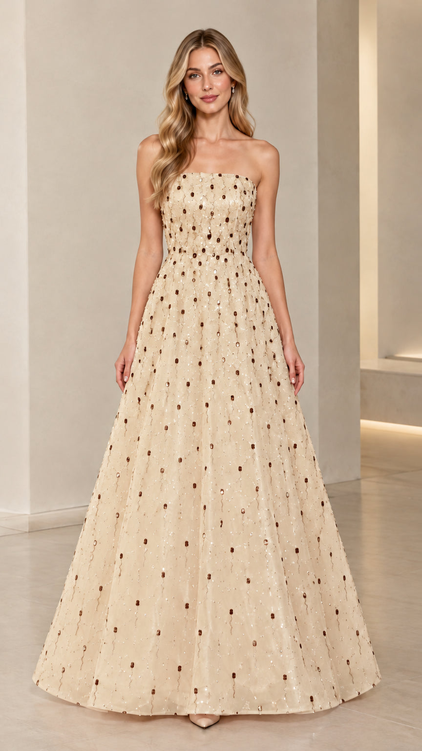 Model wearing Champagne gold strapless sequin formal evening dress