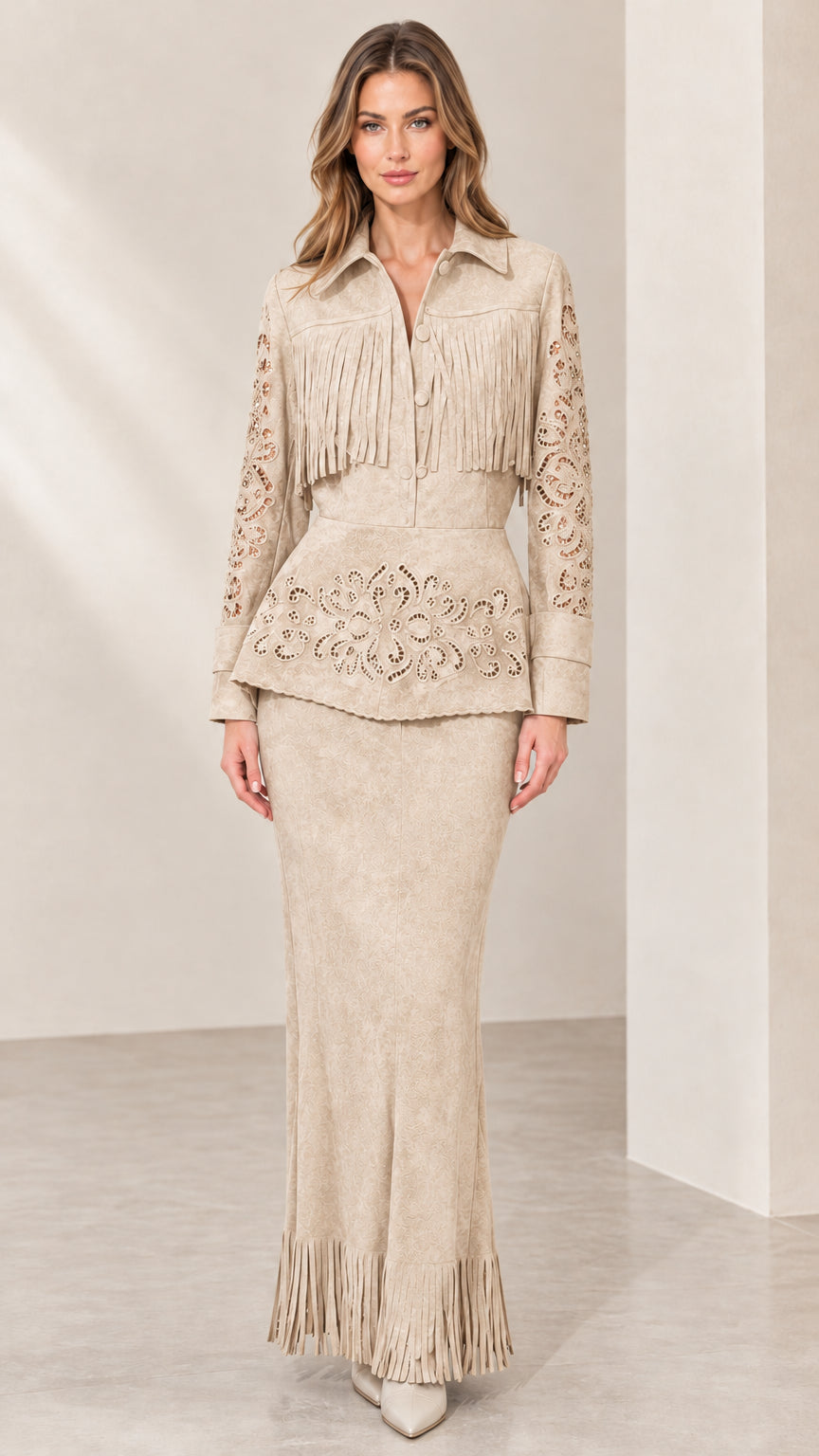 Full front view of beige cream fringe faux suede peplum jacket and maxi skirt set