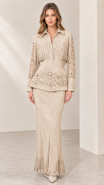Full front view of beige cream fringe faux suede peplum jacket and maxi skirt set