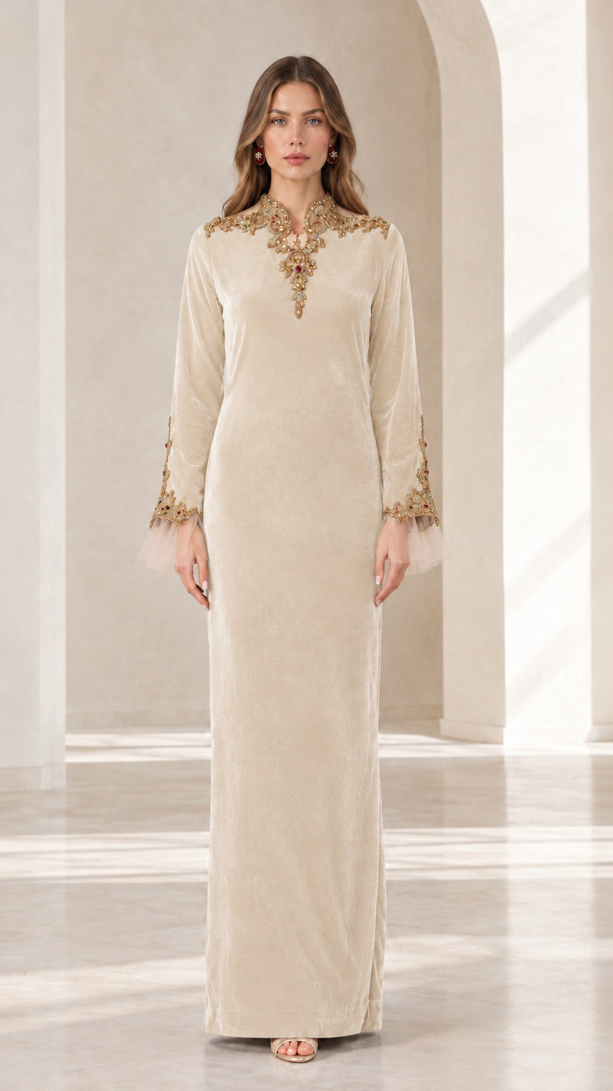 Champagne beige long sleeve velvet maxi dress with gold beaded collar