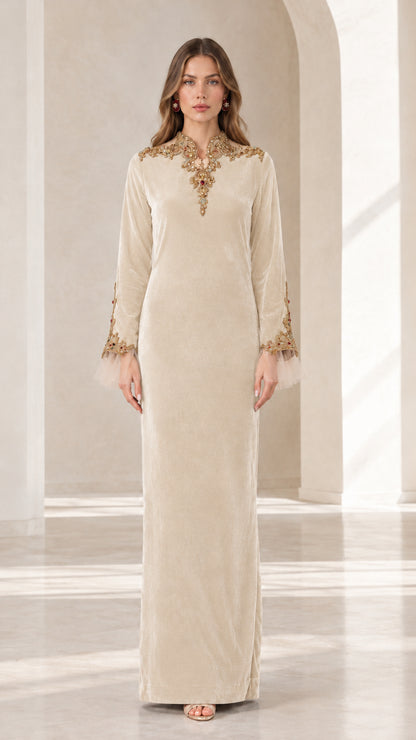 Champagne beige long sleeve velvet maxi dress with gold beaded collar