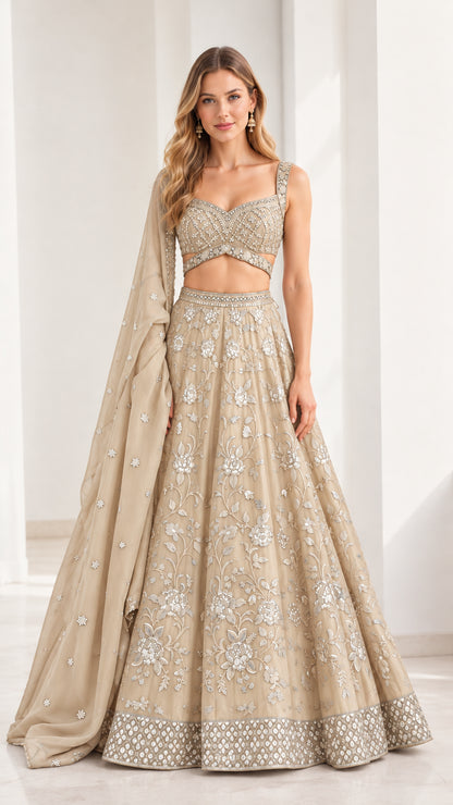 Champagne beige floral embroidered 3-piece lehenga choli set