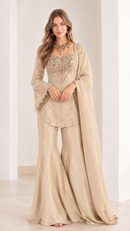 Champagne beige embroidered 3-piece sharara suit set for formal events