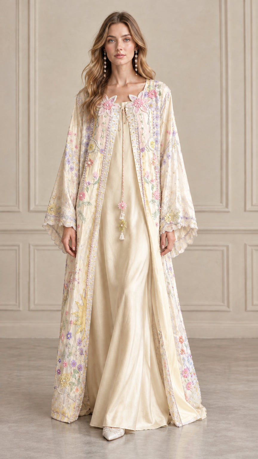 Champagne gold floral embroidered robe over matching satin maxi slip dress