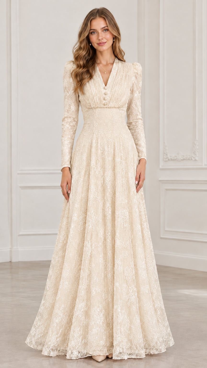 Front view of long sleeve champagne cream floral lace floor-length formal gown