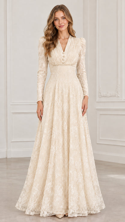 Front view of long sleeve champagne cream floral lace floor-length formal gown