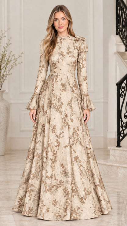 Champagne gold floral jacquard A-line evening maxi dress