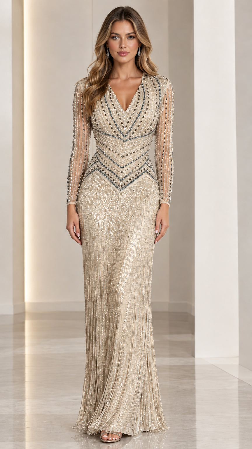 Front view of champagne gold beaded V-neck long sleeve evening gown