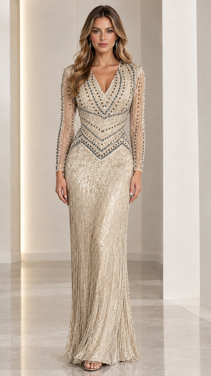 Front view of champagne gold beaded V-neck long sleeve evening gown