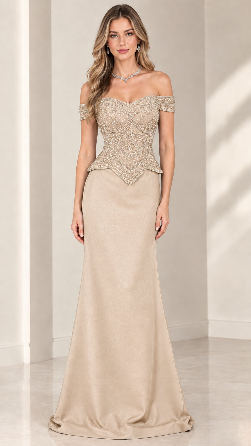 Front view of champagne off-the-shoulder beaded evening gown