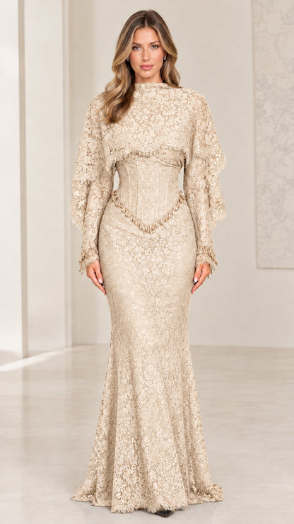 Champagne beige high neck lace floor length evening dress