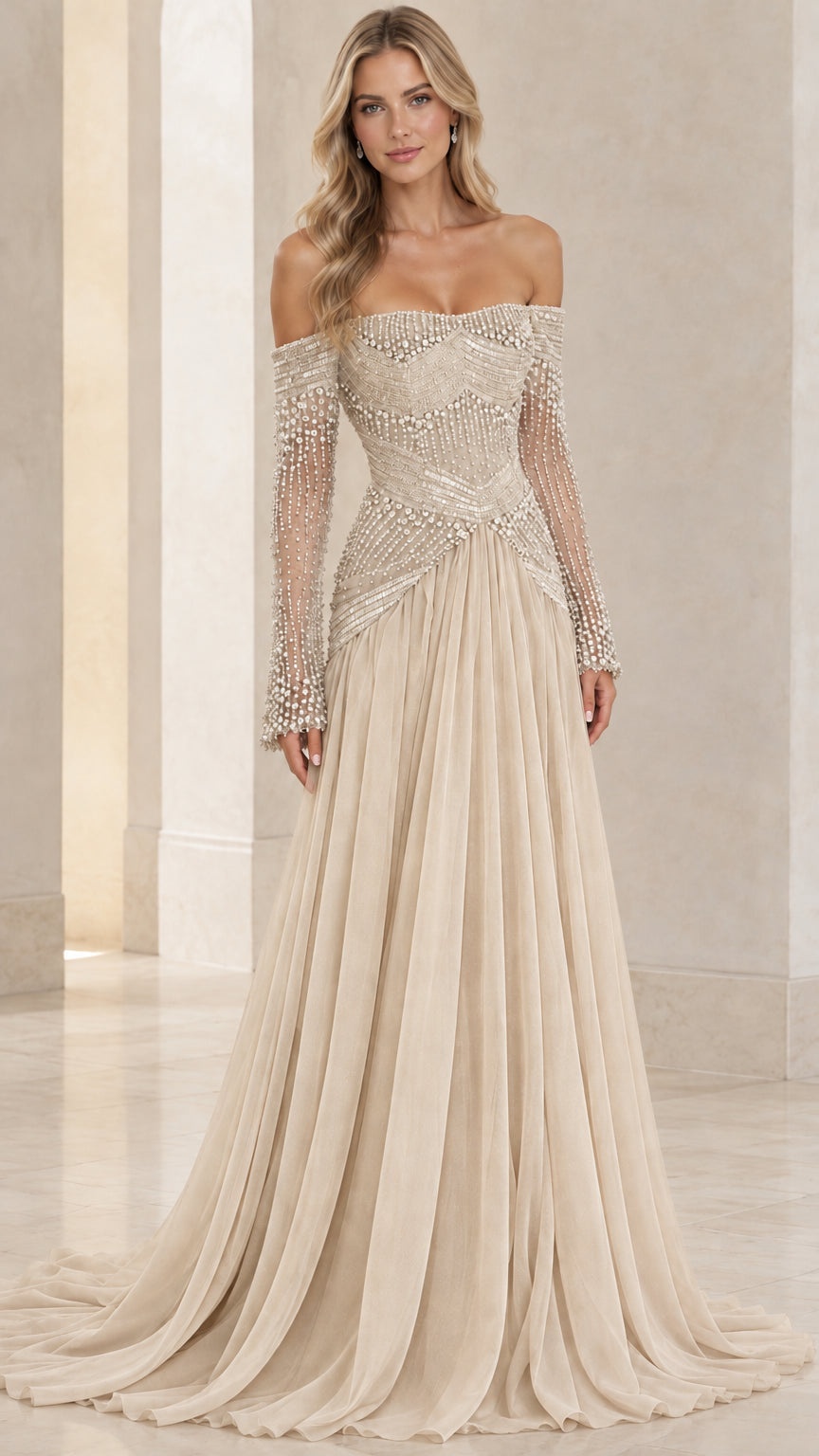 Front view of off-the-shoulder long sleeve beaded evening gown in champagne