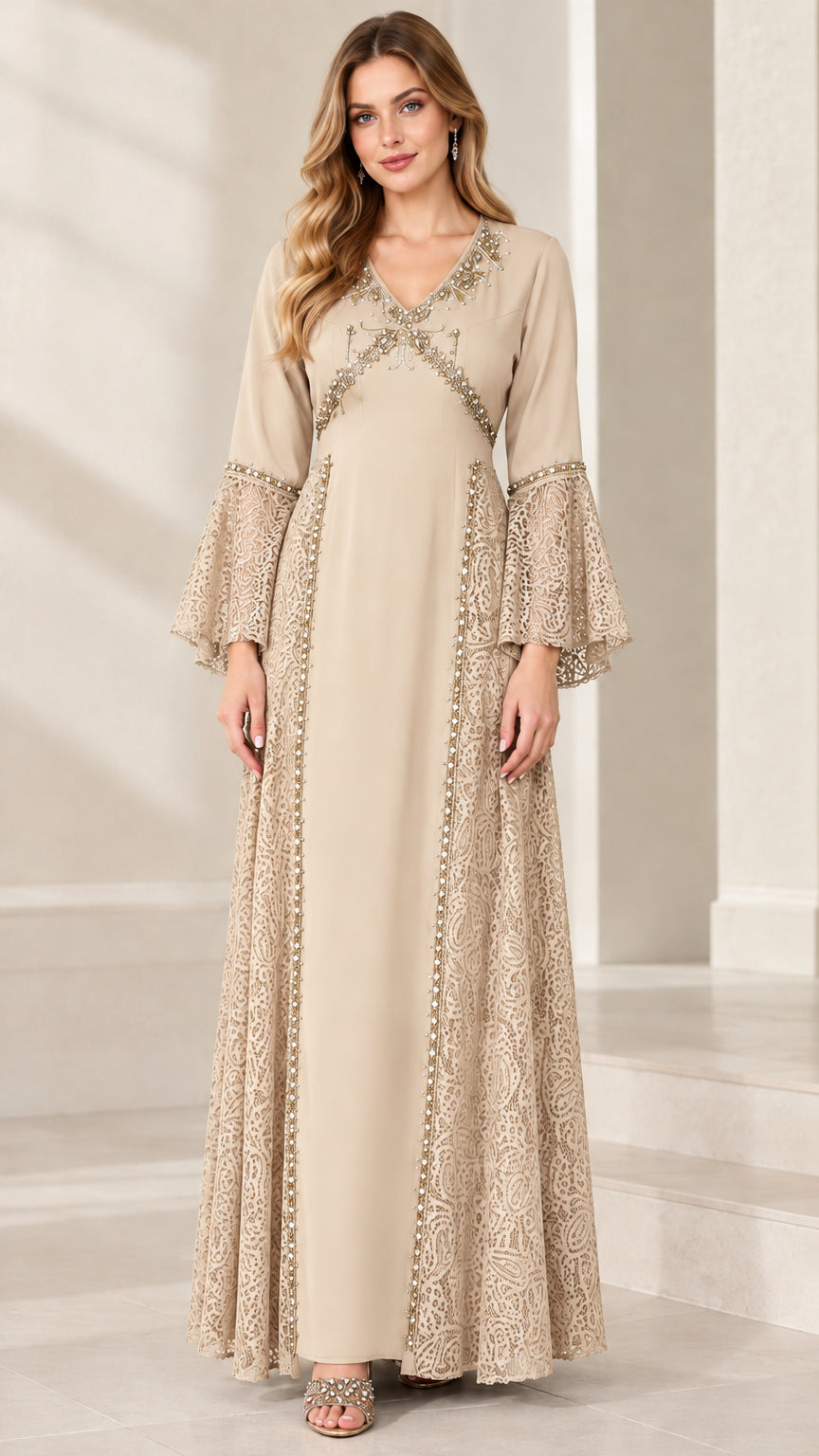 Front view of the beaded V-neck lace panel bell sleeve maxi dress in champagne