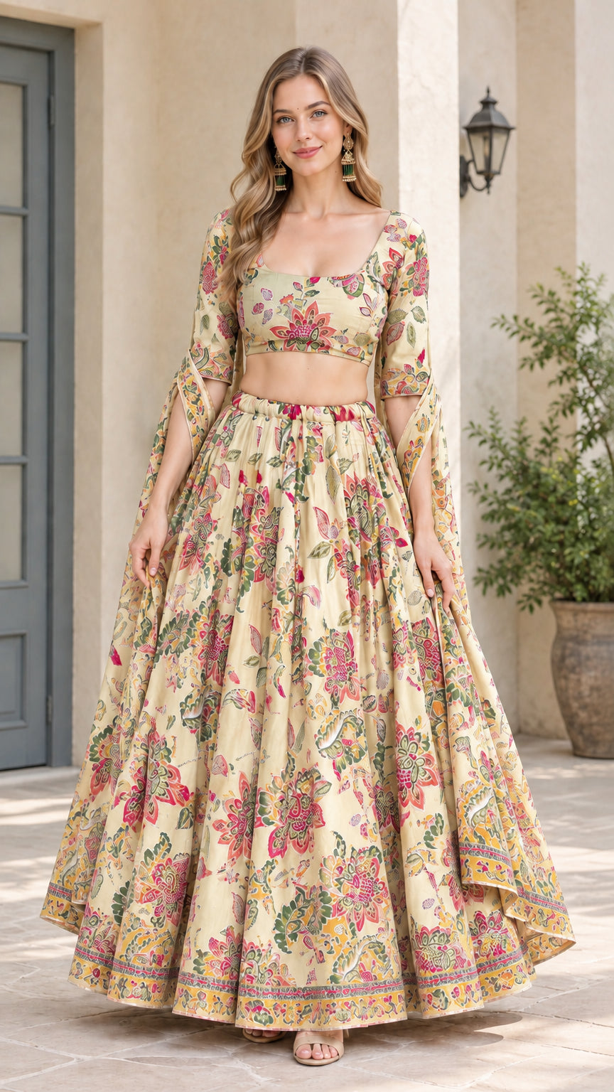 Front view of model wearing Beige floral crop top and flared maxi skirt set