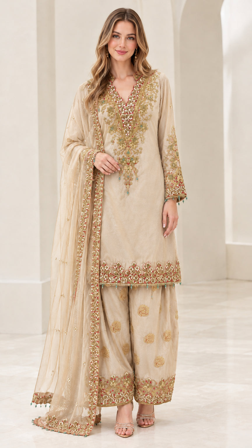 Front view of women's champagne beige embroidered kurta palazzo suit set with dupatta