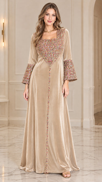 Champagne gold embroidered velvet long sleeve maxi dress front view